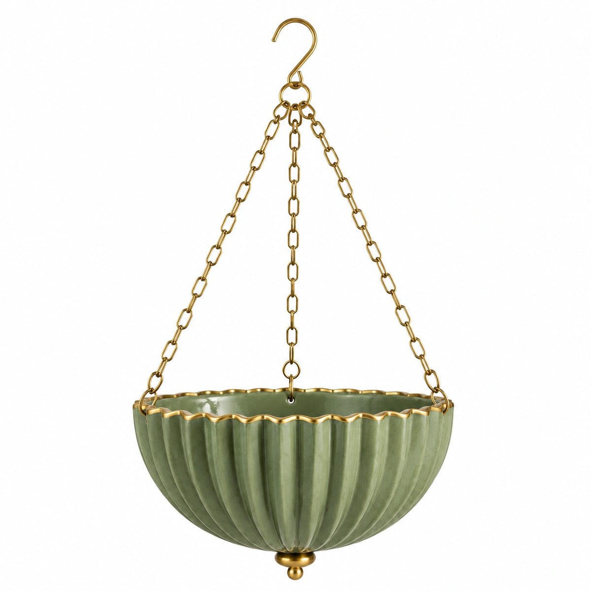 Pot de fleurs suspendu diamètre 30 cm en céramique verte et métal doré pour plantes style classique