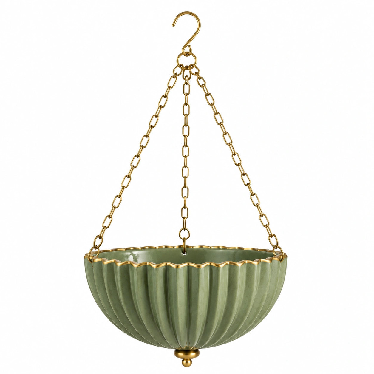 Pot de fleurs suspendu diamètre 30 cm en céramique verte et métal doré pour plantes style classique