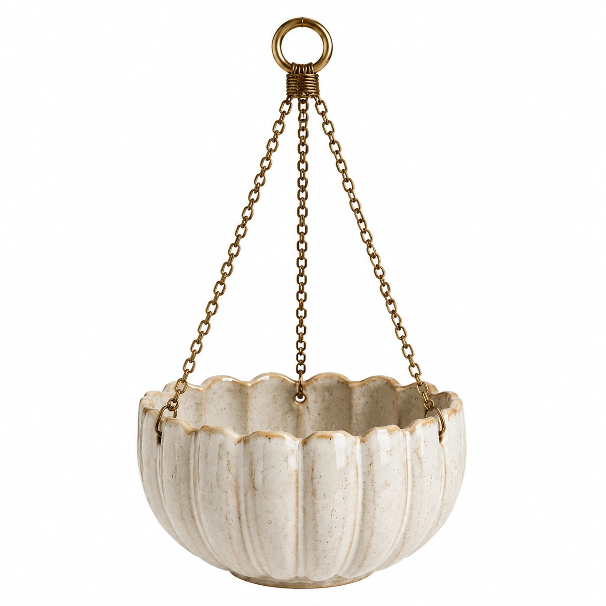Pot de fleurs suspendu diamètre 20 cm en céramique blanc crème avec chaînes métalliques pour intérieur