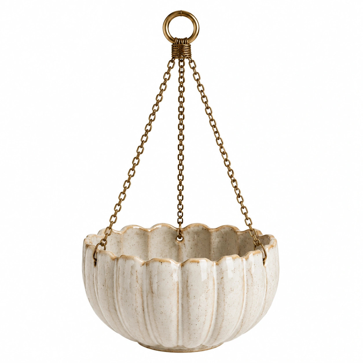 Pot de fleurs suspendu diamètre 20 cm en céramique blanc crème avec chaînes métalliques pour intérieur