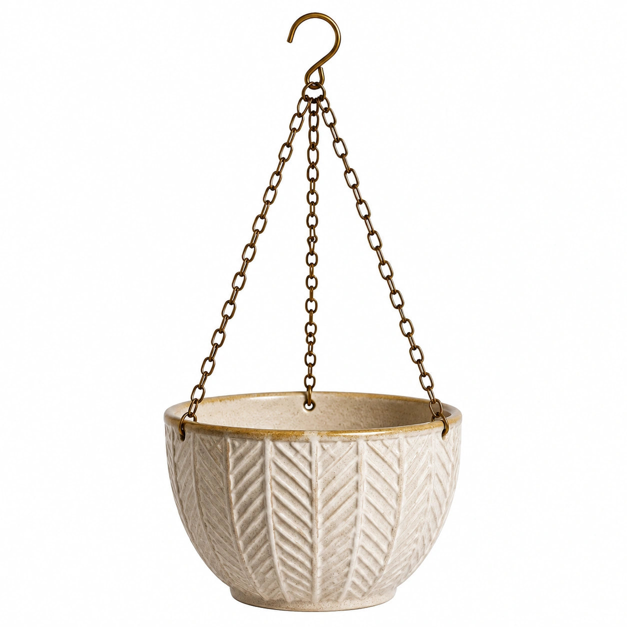Pot de fleurs suspendu diamètre 20 cm en céramique beige avec chaînes métalliques style relief pour plantes