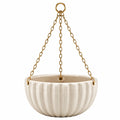 Jardinière suspendue diamètre 25 cm en céramique beige avec chaînes métalliques style strié