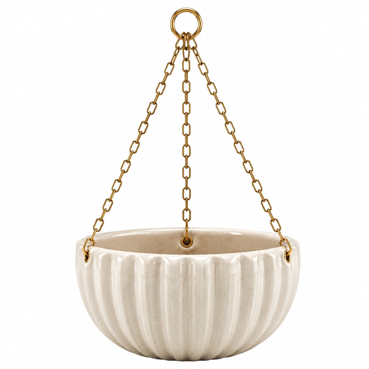 Jardinière suspendue diamètre 25 cm en céramique beige avec chaînes métalliques style strié