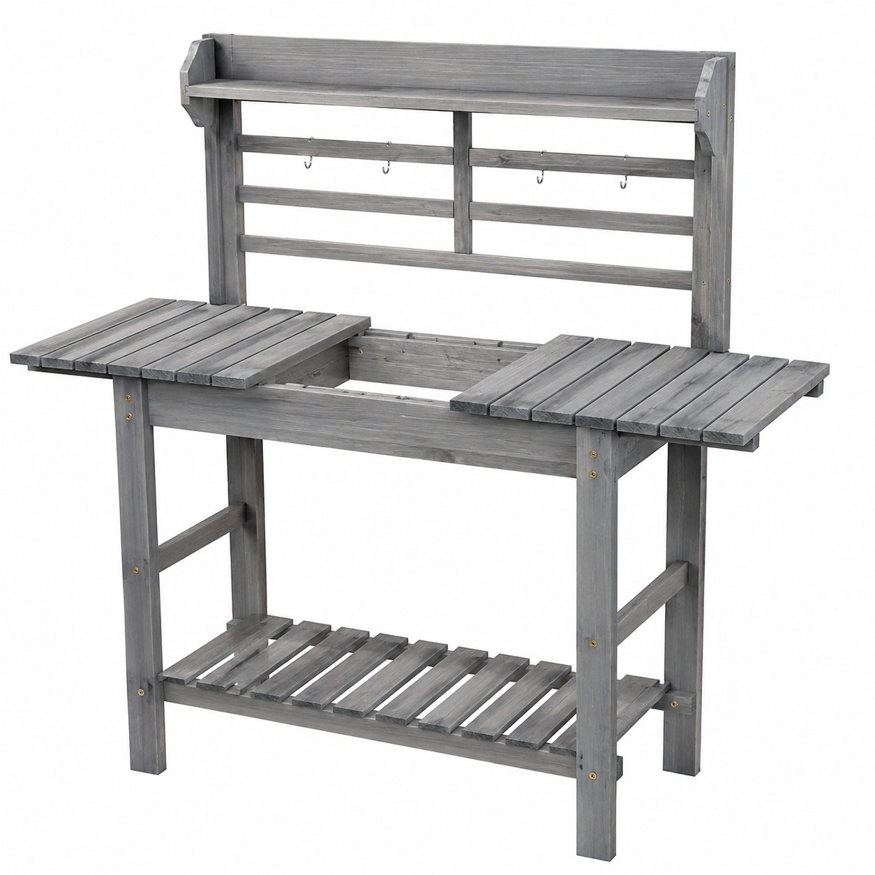 Table de jardinage 120 x 45 x 145 cm en bois gris avec étagères et crochets