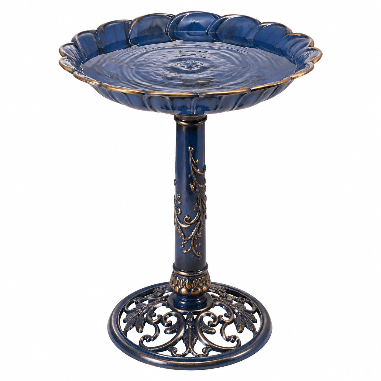 Bain d'oiseaux sur pied 50 cm métal bleu et doré décoratif pour jardin