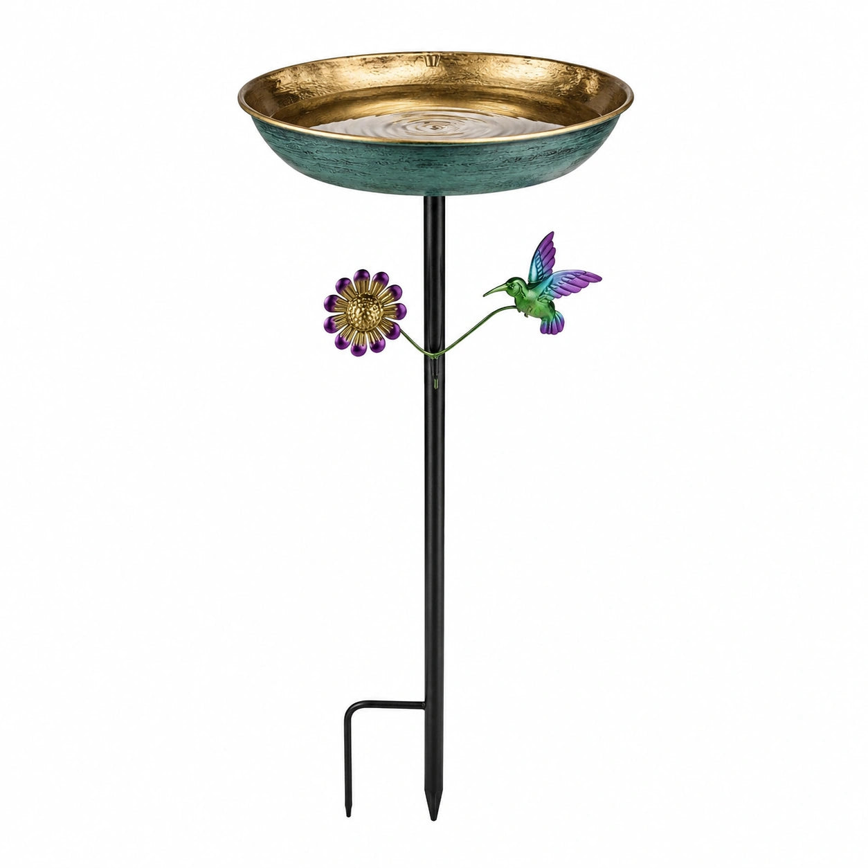 Bain d'oiseaux sur piquet diamètre 35 cm métal vert doré décor colibri pour jardin