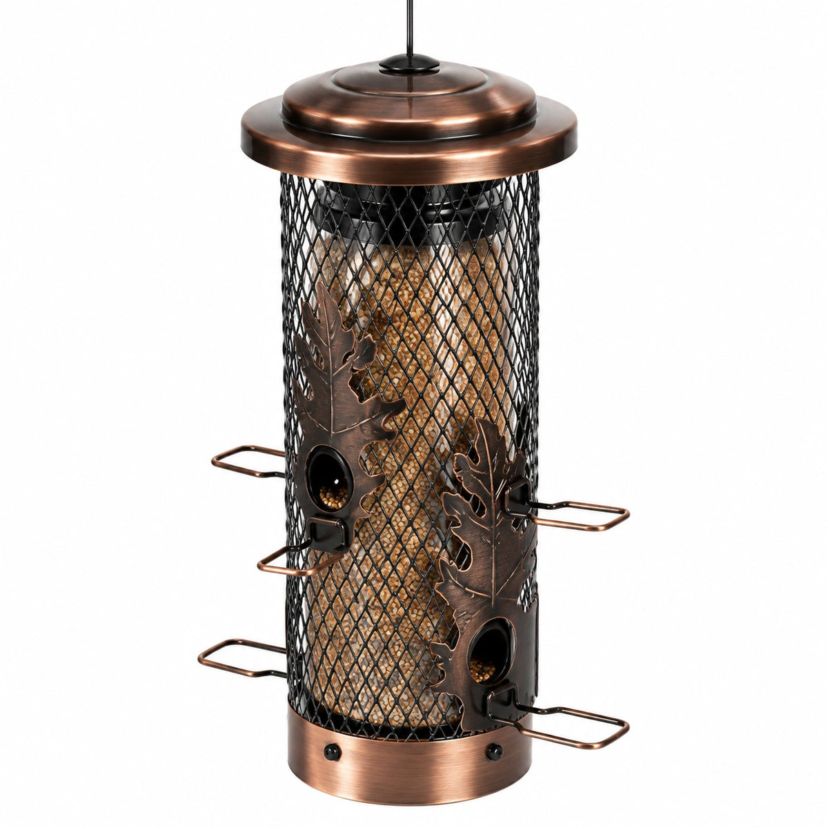 Mangeoire à oiseaux suspendue Ø 18 cm métal bronze avec grille et perchoirs
