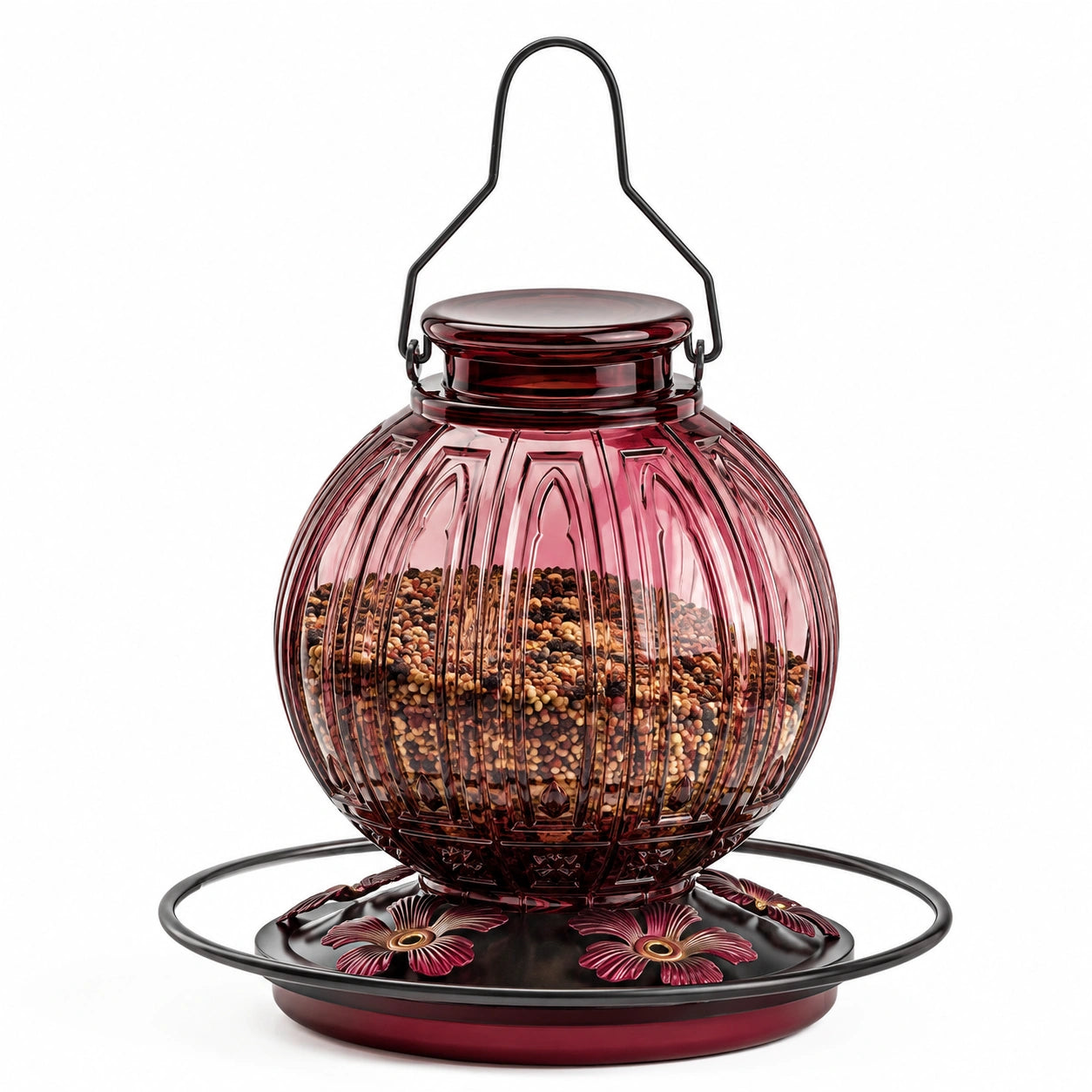 Mangeoire à oiseaux 25 x 25 x 38 cm en verre bordeaux suspendue avec plateau collecteur