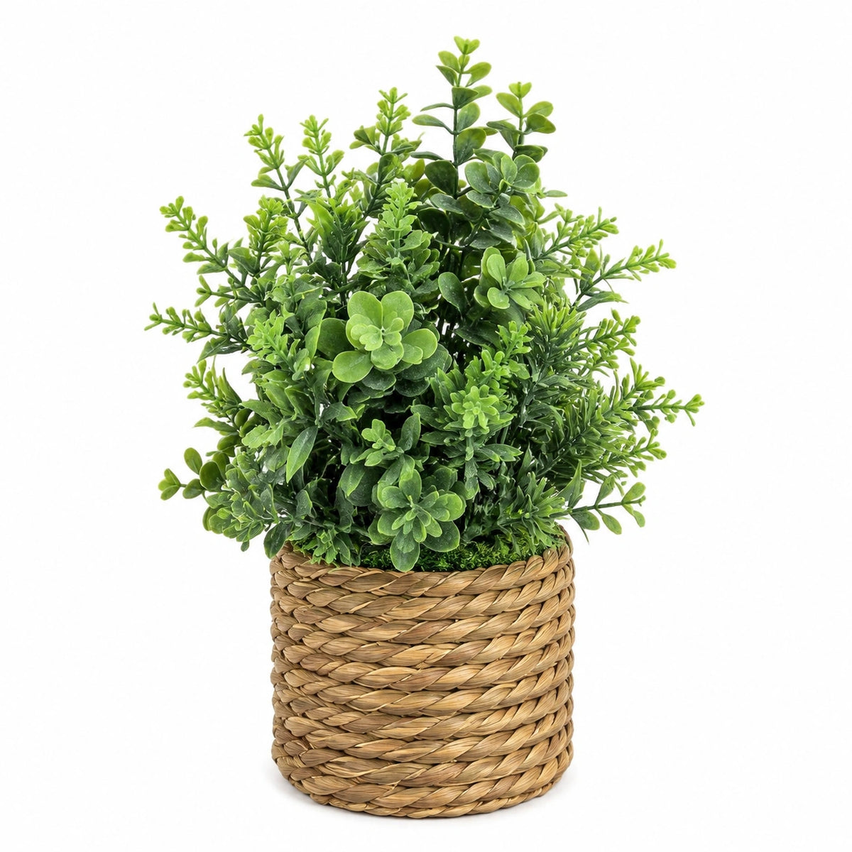 Plante artificielle en pot 35 cm feuillage vert pot tressé décoratif